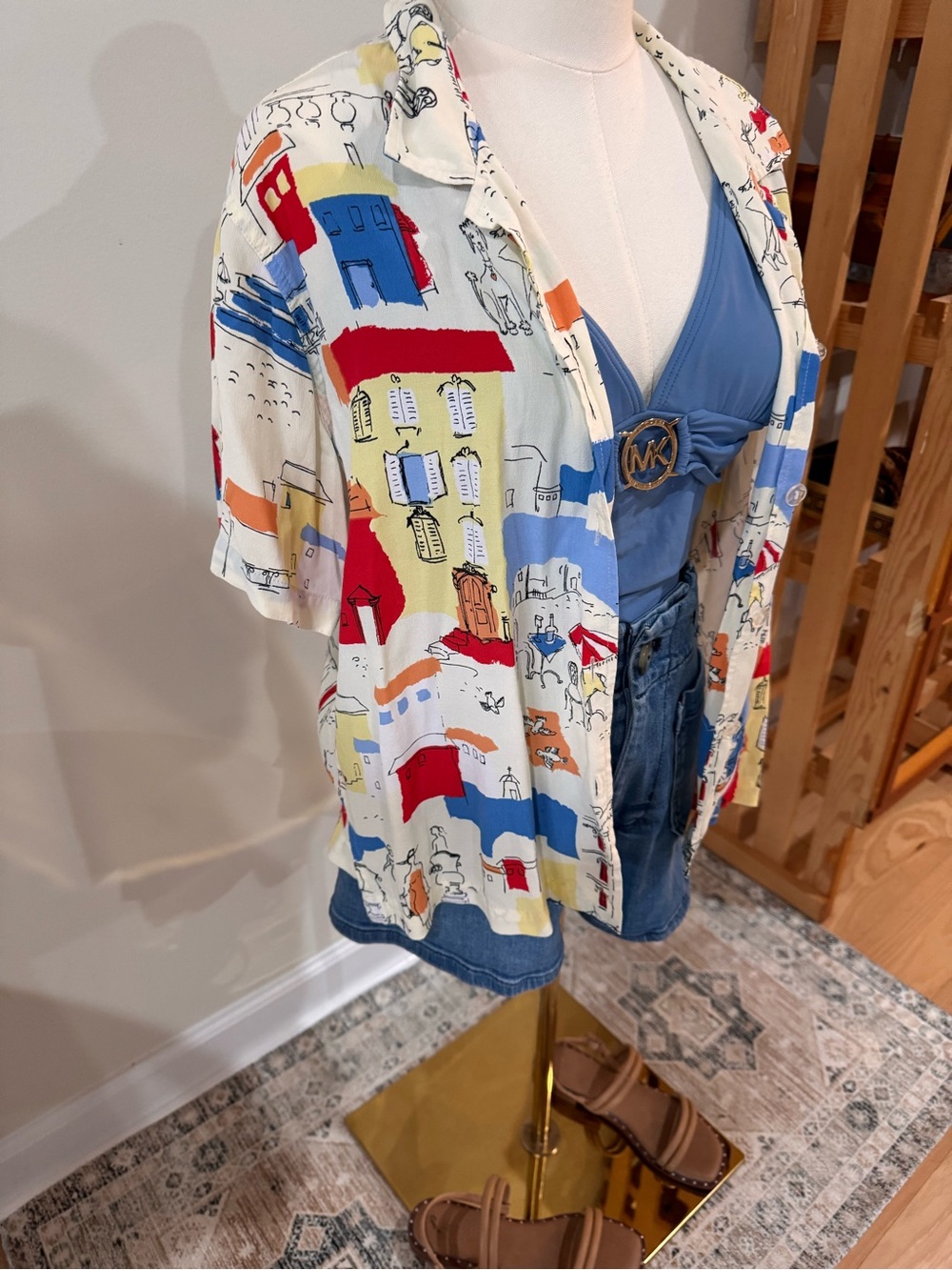 Vintage Travis Smith Mediterranean Sketch Print Button Up Shirt